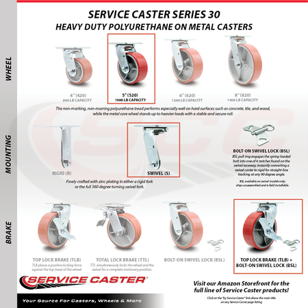 Service Caster 5 Inch Red Poly on Cast Iron Caster Set with Ball Bearings 4 Brake 2 Swivel Lock SCC-30CS520-PUB-RS-TLB-BSL-2-TLB-2